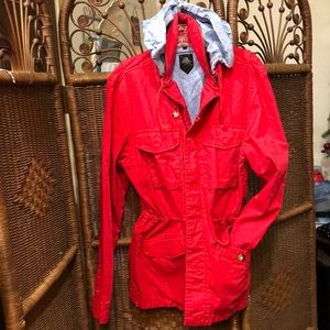 The Scifen Company VINTAGE red jacket with chambray trim and hidden hood L